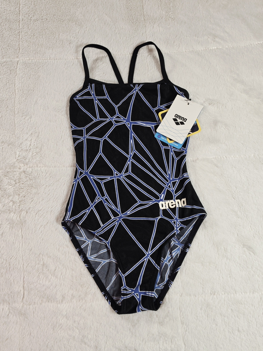 Arena Girls' Black One-Piece Swimsuit with Blue Geometric Print(SW300-07)
